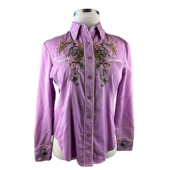 Scully Floral Embroidered Snap Front Cowgirl Shirt Western Top Women's Medium - Picture 2 of 16